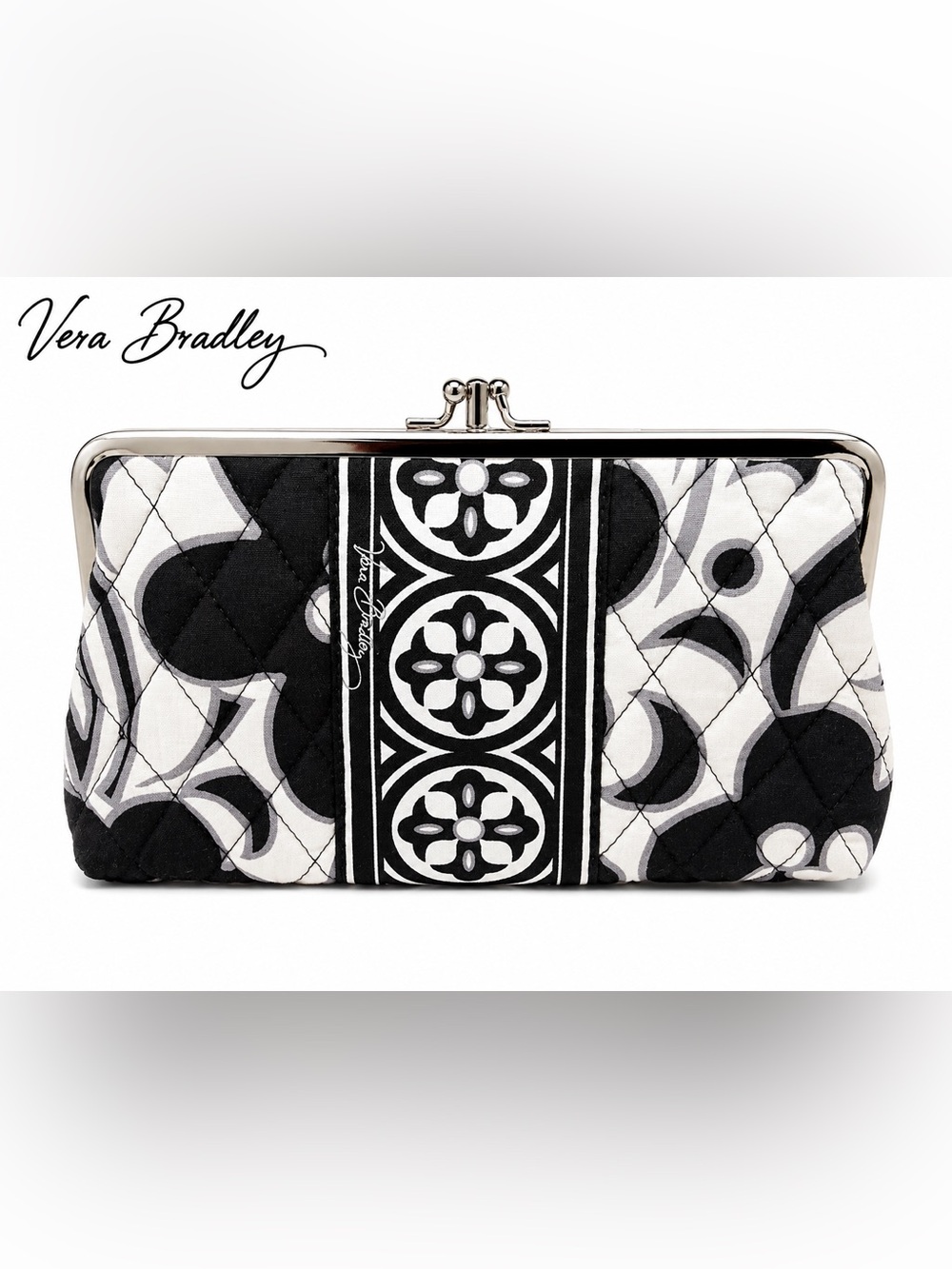Vera Bradley Night & Day Retired Kisslock Wallet Clutch Black White Quilted